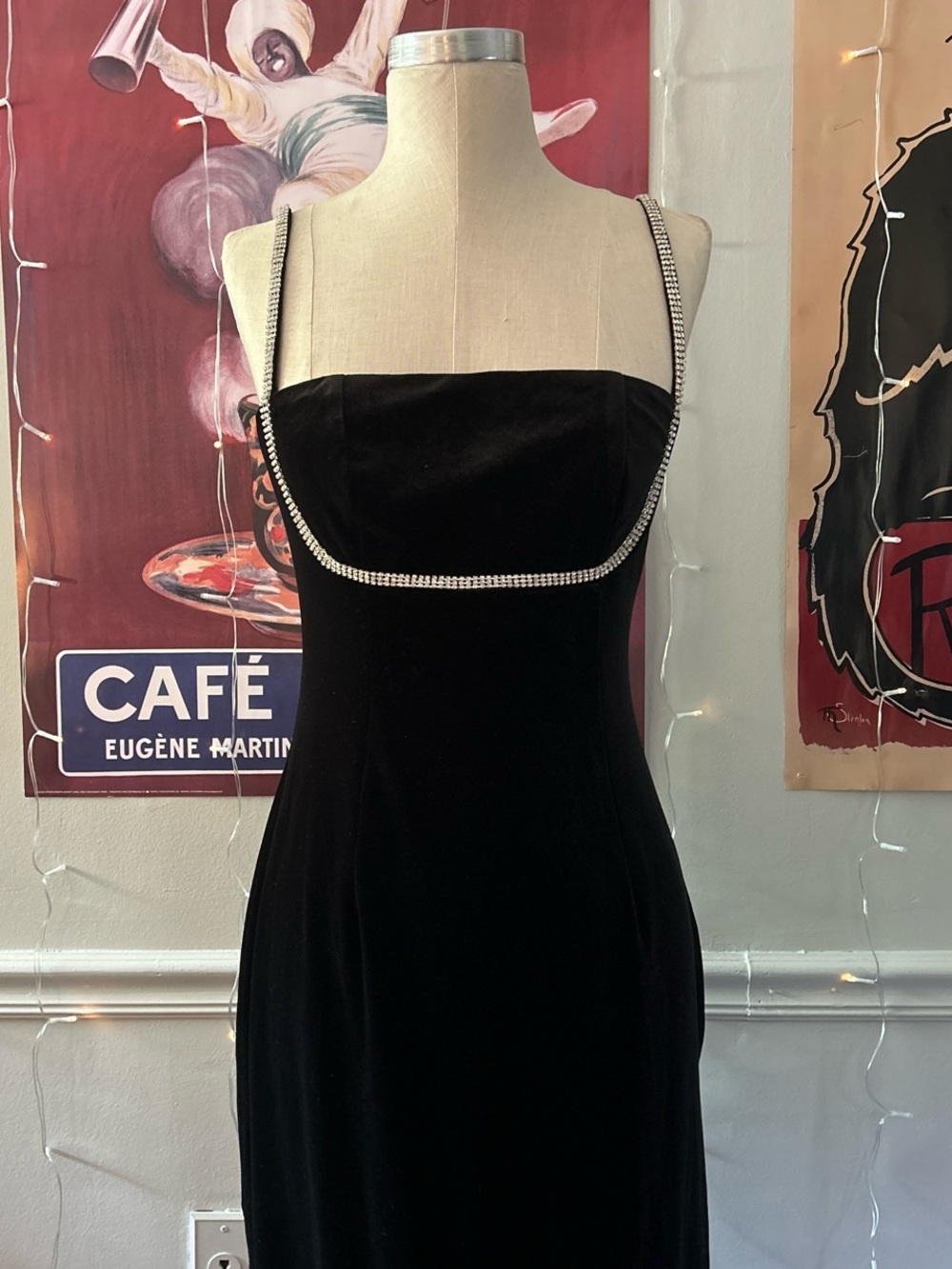 NWT Cupshe black velvet maxi dress with silver beaded trim and adjustable straps